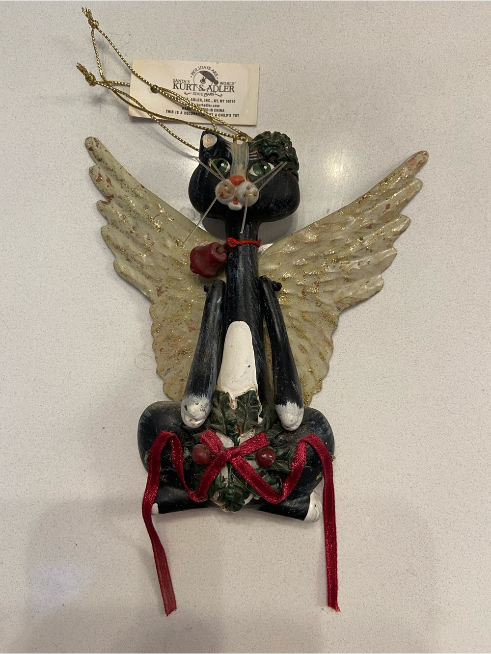 Kurt Adler Black Cat Angel Ornament with Gold Wings and Red Ribbon Vintage